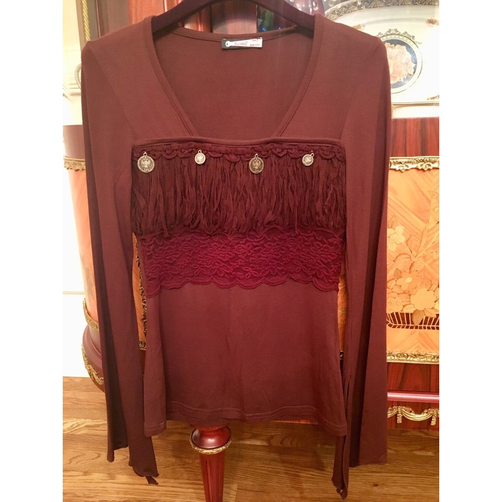 Bell Sleeve Fringe Embellished brown Top France sz.XS-S